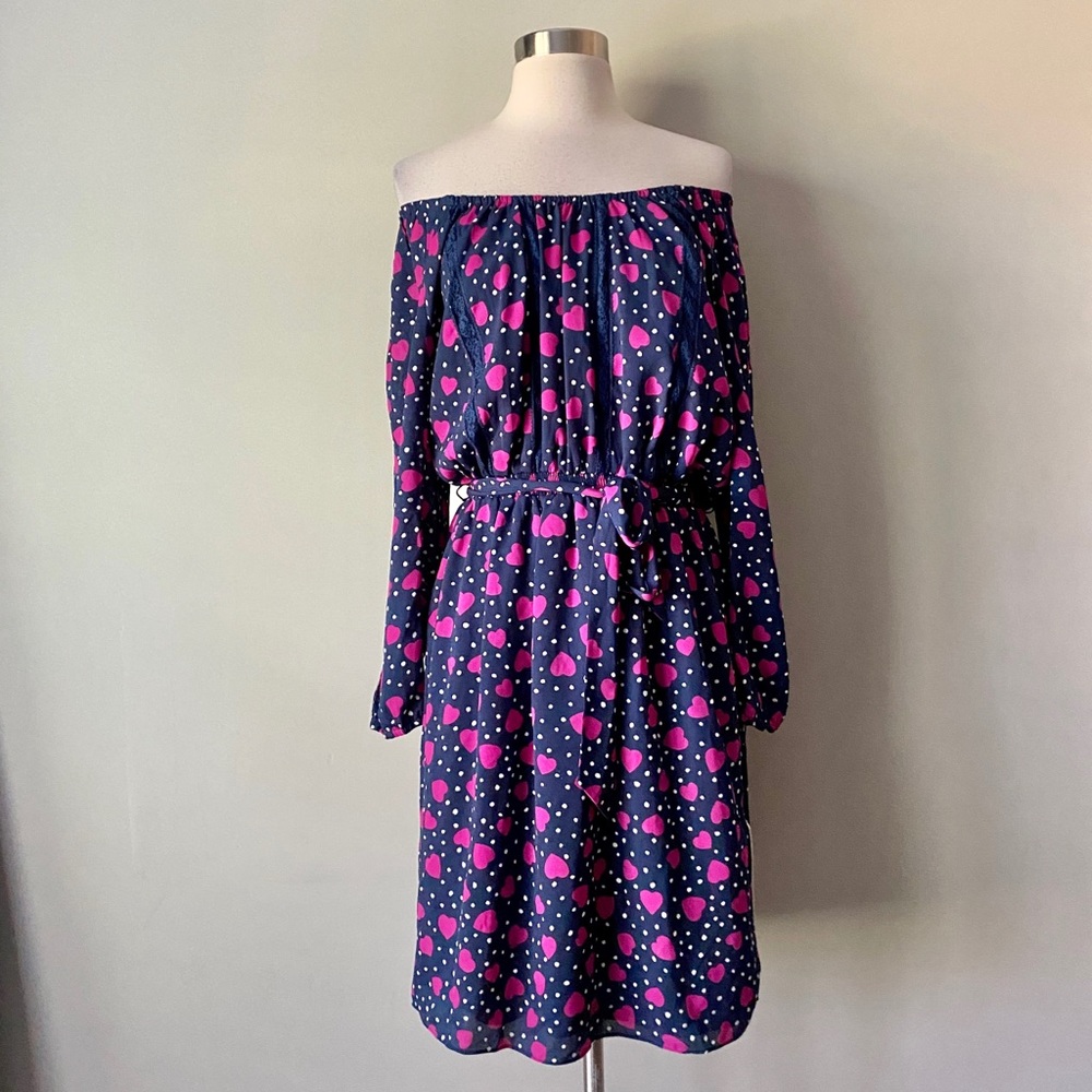 NWT Vicky Tiel Heart Polka Dot Off Shoulder Fit & Flare Dress Womens Size Small